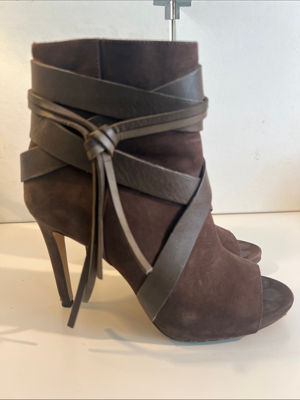 Vince Camuto Dark Brown Suede Wrap Peep-Toe High Heel Booties